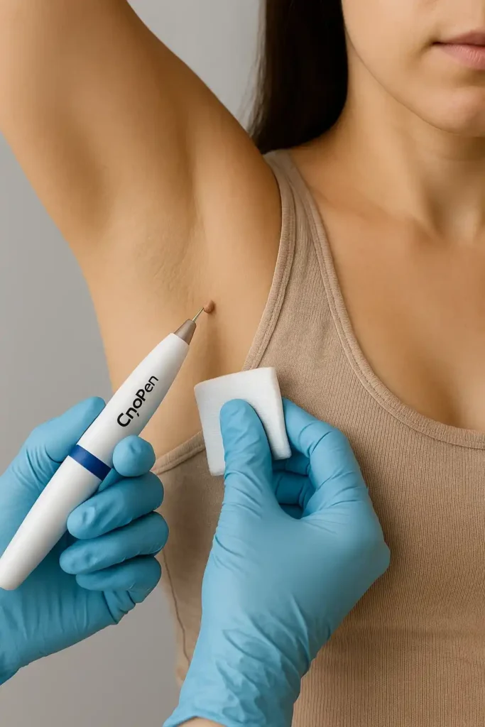 woman having cryopen to remove underarm skin tags North Kensington