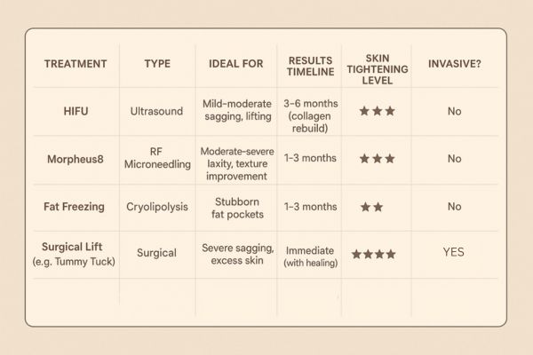 Table showing the comparisons of Skin tightening North Kensington treatment options.